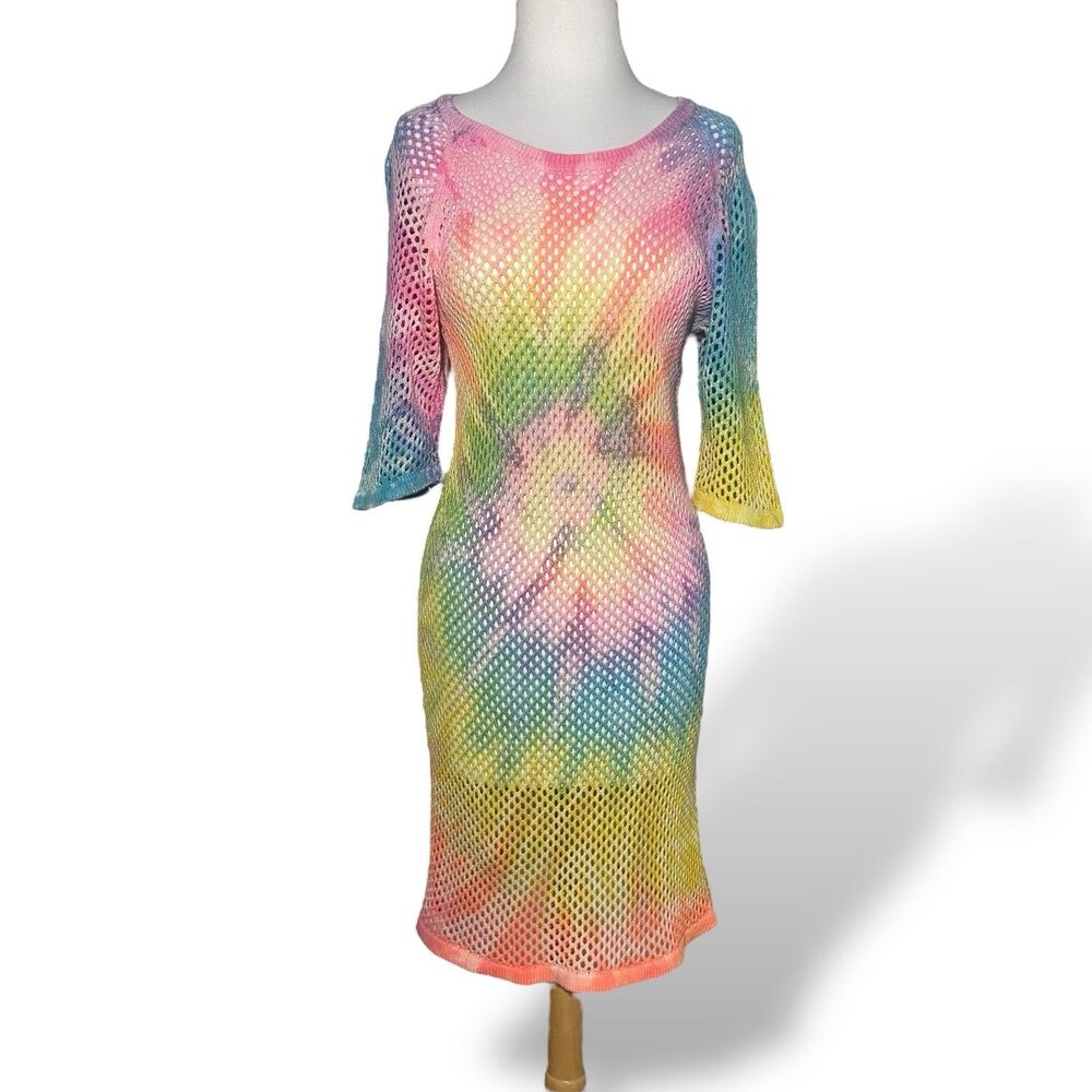 UNIF Beach Wear Women Dress Size L Cotton Multicolor Tie Dye Sheer Knit Mesh EUC